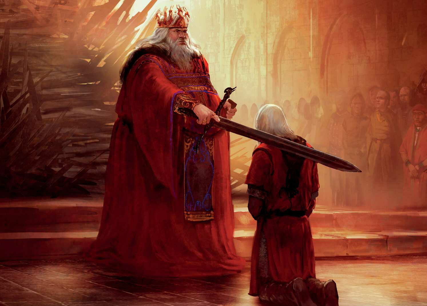 O rei Aegon IV Targaryen usando a espada Blackfyre para legitimar seu filho bastardo Daemon.