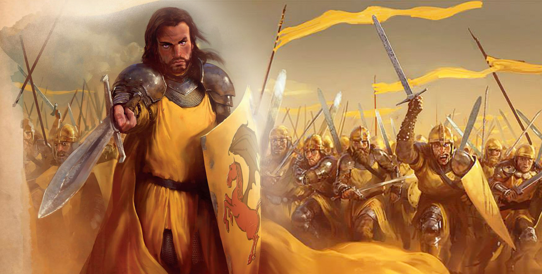 Aegor Rivers liderando a Companhia Dourada, em 219 d.C., durante a Terceira Rebelião Blackfyre.