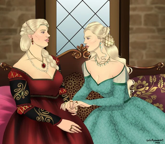 Arquivo:Rhaenyra Targaryen e Laena Velaryon por Chillyravenart.png