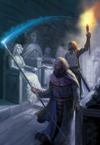 Ned e Robert Baratheon visitando o túmulo de Lyanna Stark. Ilustrado por Thomas Denmark. © Fantasy Flight Games.